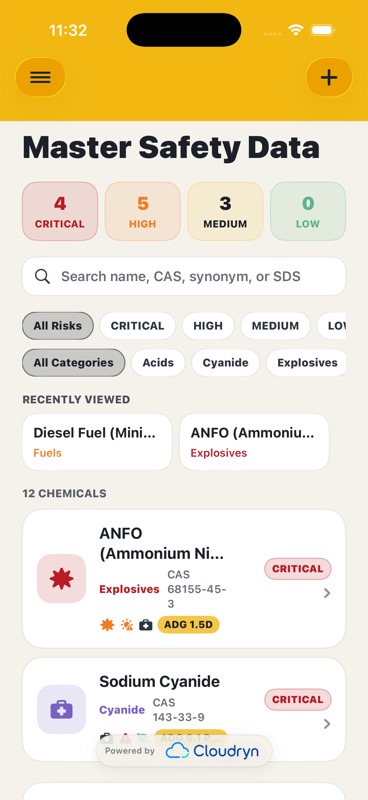 Master safety data screen