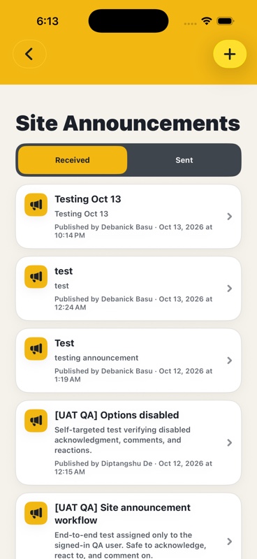Received and sent site announcements