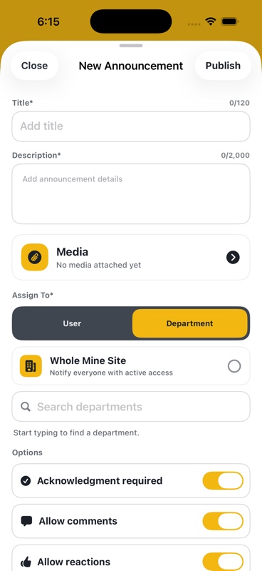 New site announcement form with audience targeting and response options