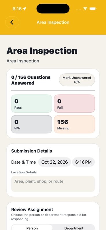 Area inspection checklist progress and assignment form
